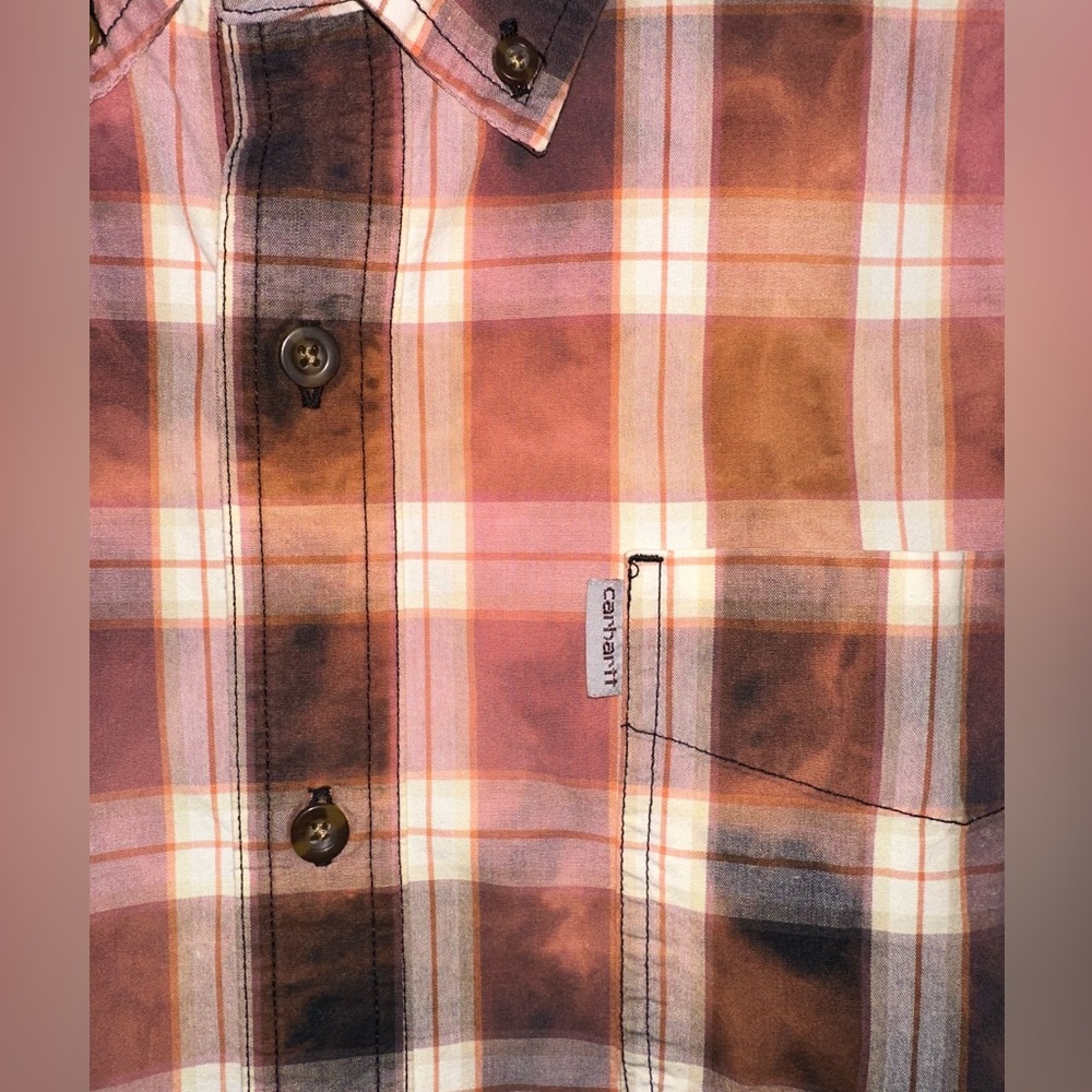 Carhartt Relaxed Fit 2XL Upcycled Reworked Bleach Dye Plaid Button Down Shirt - Picture 4 of 15